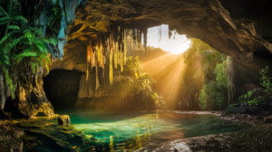 Entrée de la grotte principale de Mara'a à Tahiti avec arche naturelle, bassin d'eau claire et végétation tropicale dense durant l'heure dorée