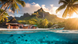 Paysage panoramique de Tahiti montrant lagon turquoise, plages de sable blanc, montagnes volcaniques avec cascades, marae traditionnel et marché local, photographié durant l'heure dorée