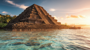 Ruines du marae Mahaiatea à Papara, Tahiti, photographiées au coucher du soleil avec le lagon en arrière-plan