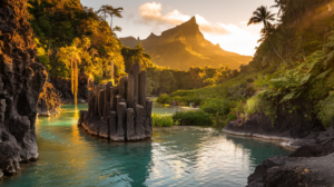 Formations basaltiques colonnaires de la vallée de Tuauru à Tahiti avec bassins naturels et végétation tropicale à l'heure dorée