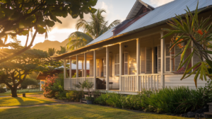 Maison coloniale en bois de James Norman Hall entourée de végétation tropicale à Tahiti lors du golden hour