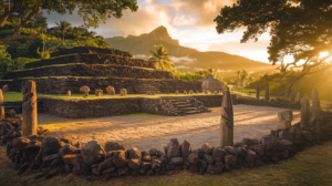 Marae Arahurahu à Tahiti pendant le coucher de soleil, montrant l'autel en pierres volcaniques et la cour sacrée entourée de végétation tropicale