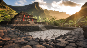 Marae Arahurahu Nui temple cérémoniel tahitien avec pierres volcaniques, autel sacré et sculptures unu dans vallée tropicale à l'heure dorée