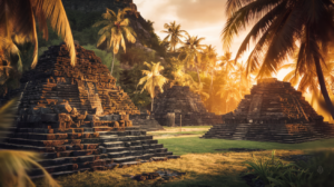 Photographie du Marae Maraetaata à Tahiti montrant les trois enceintes cérémonielles avec leurs structures de pierre ancestrales baignées dans la lumière dorée du coucher de soleil