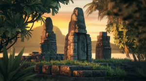 Structures en pierre du Marae Ta'ata à Paea, Tahiti, trois enceintes sacrées polynésiennes entourées de végétation tropicale sous la lumière dorée