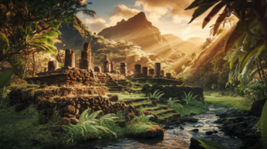 Ruines anciennes du marae de Fare Hape entourées de végétation tropicale luxuriante dans la vallée de Papenoo à Tahiti