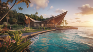 Vue du Musée de Tahiti et des Îles au coucher du soleil, montrant le bâtiment moderne en bord de lagon avec ses jardins ethnobotaniques