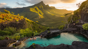 Paysage de la Vallée de Punaruu à Tahiti avec orangers, vasques naturelles et montagnes