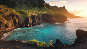 Falaises de basalte noir de Te Pari à Tahiti Iti plongeant dans l'océan turquoise avec végétation tropicale et lumière dorée du coucher de soleil
