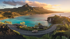 Vue panoramique de la côte de Tahiti pendant l'heure dorée, montrant la route côtière, les montagnes volcaniques, le lagon turquoise et les paysages diversifiés du tour de l'île