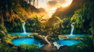 Cascades jumelles de Vaihi dans une vallée tropicale luxuriante à Tahiti avec sentier de randonnée, photographiées durant l'heure dorée