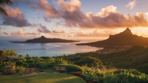 Vue panoramique depuis le belvédère du Col du Tahara'a montrant la baie de Matavai, les montagnes de Tahiti et Moorea à l'horizon pendant l'heure dorée